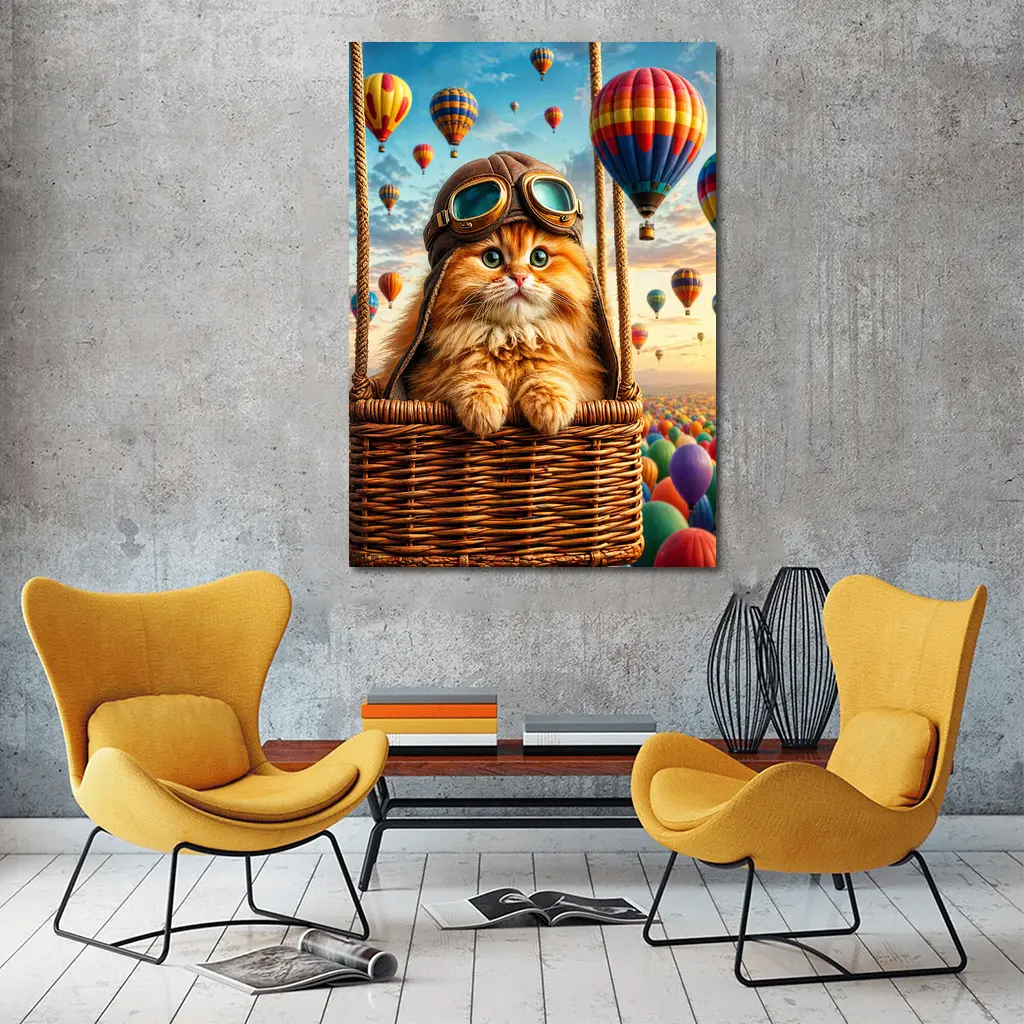 Ginger Cat Pilot Hot Air Balloons Sky – Wall Art