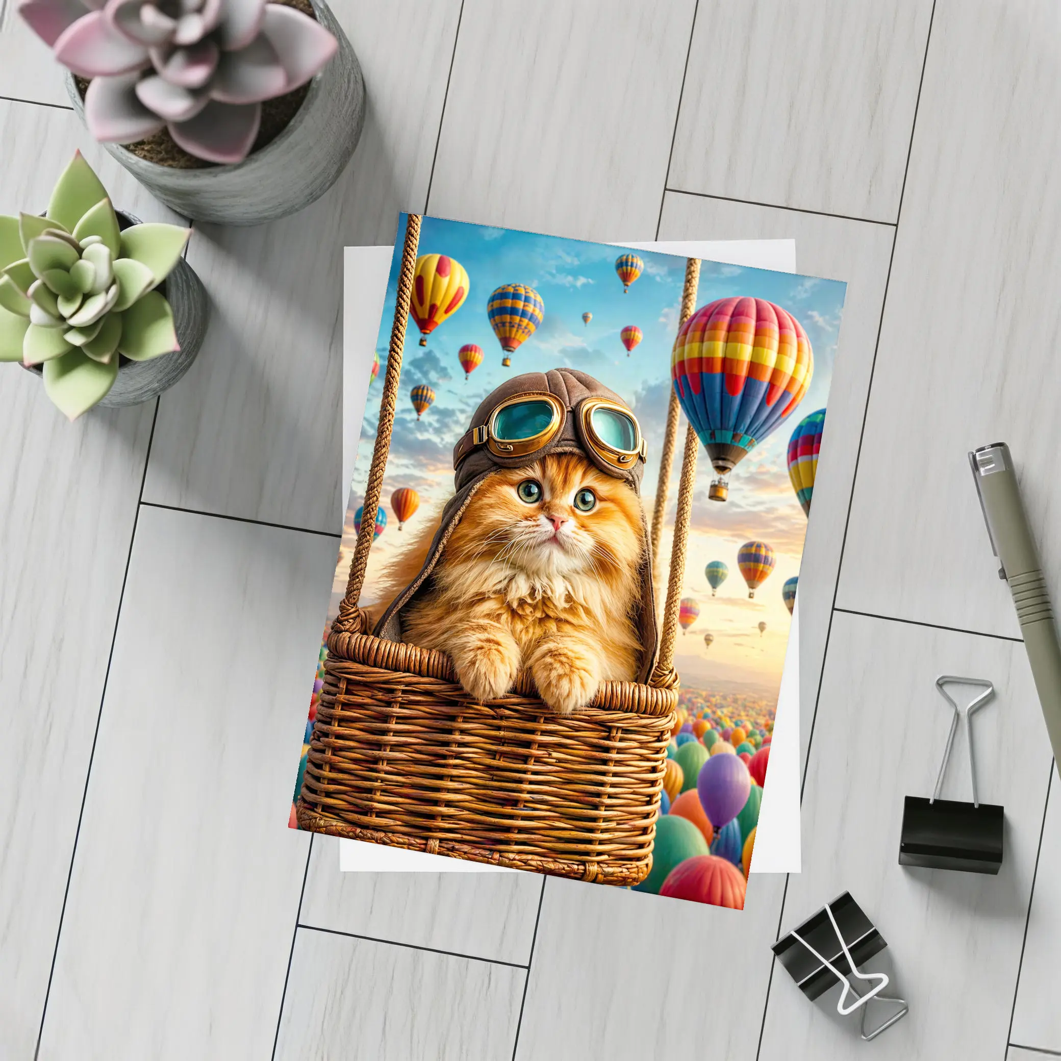 Ginger Cat Pilot Hot Air Balloons Sky – Postcards