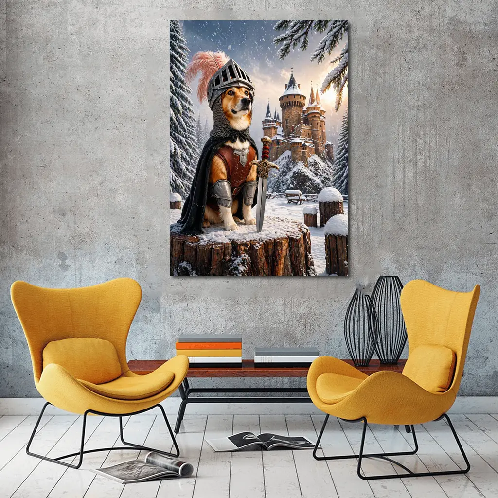 Knight Corgi Dog Medieval Castle Winter Scene – Wall Art