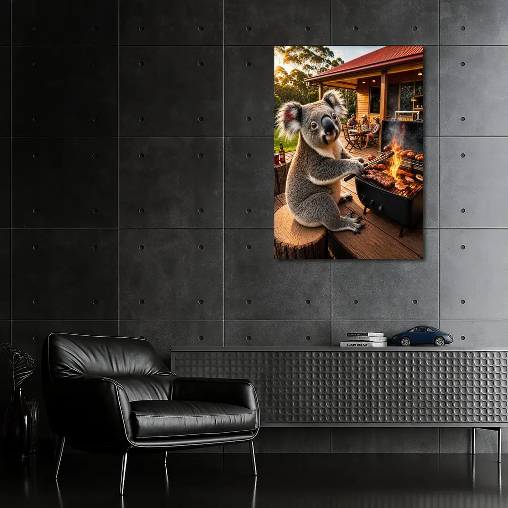 Koala Grilling Meat at Australian Backyard BBQ – Wall Art