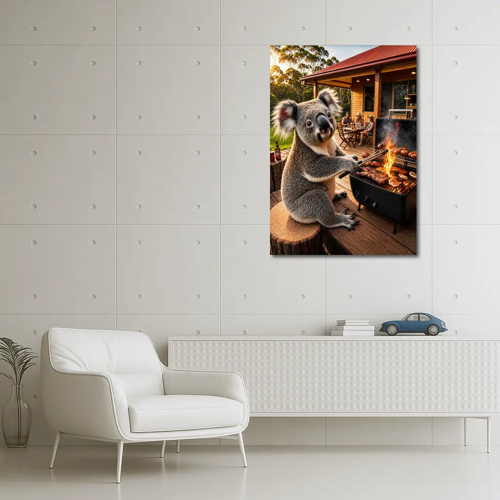 Koala Grilling Meat at Australian Backyard BBQ – Wall Art
