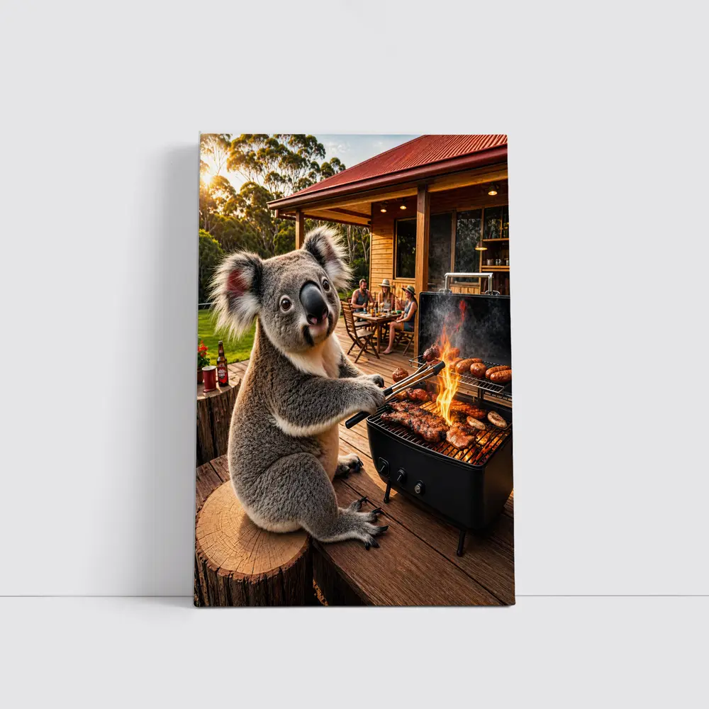Koala Grilling Meat at Australian Backyard BBQ – Wall Art