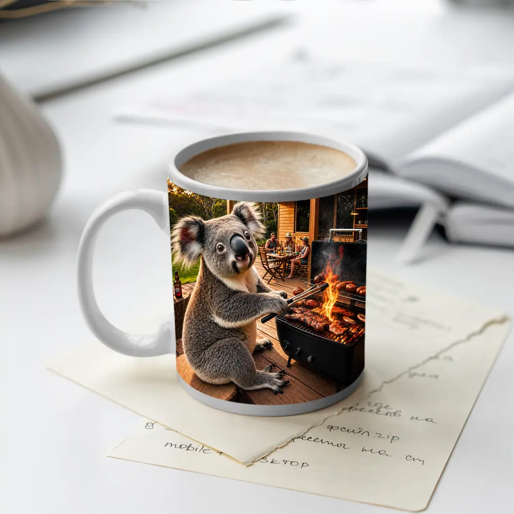 Koala Grilling Meat at Australian Backyard BBQ – Mugs