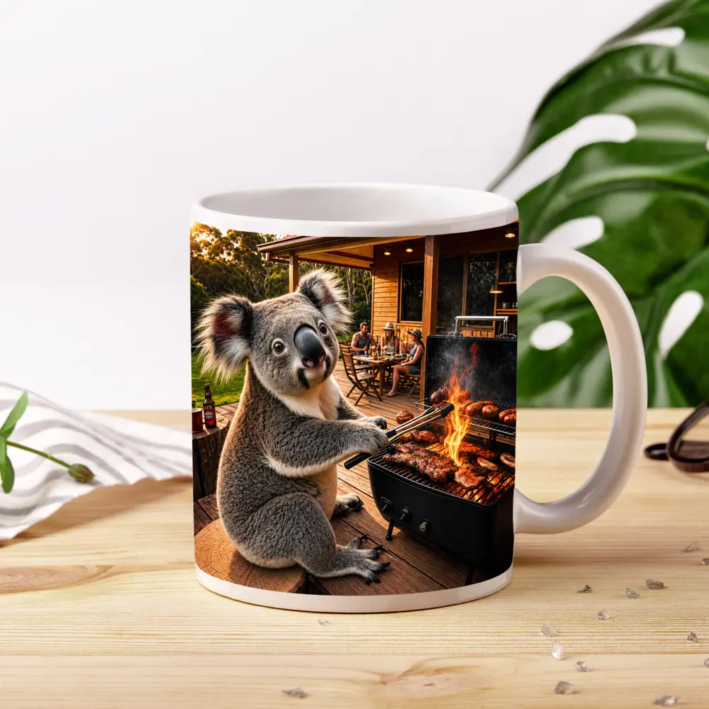Koala Grilling Meat at Australian Backyard BBQ – Mugs