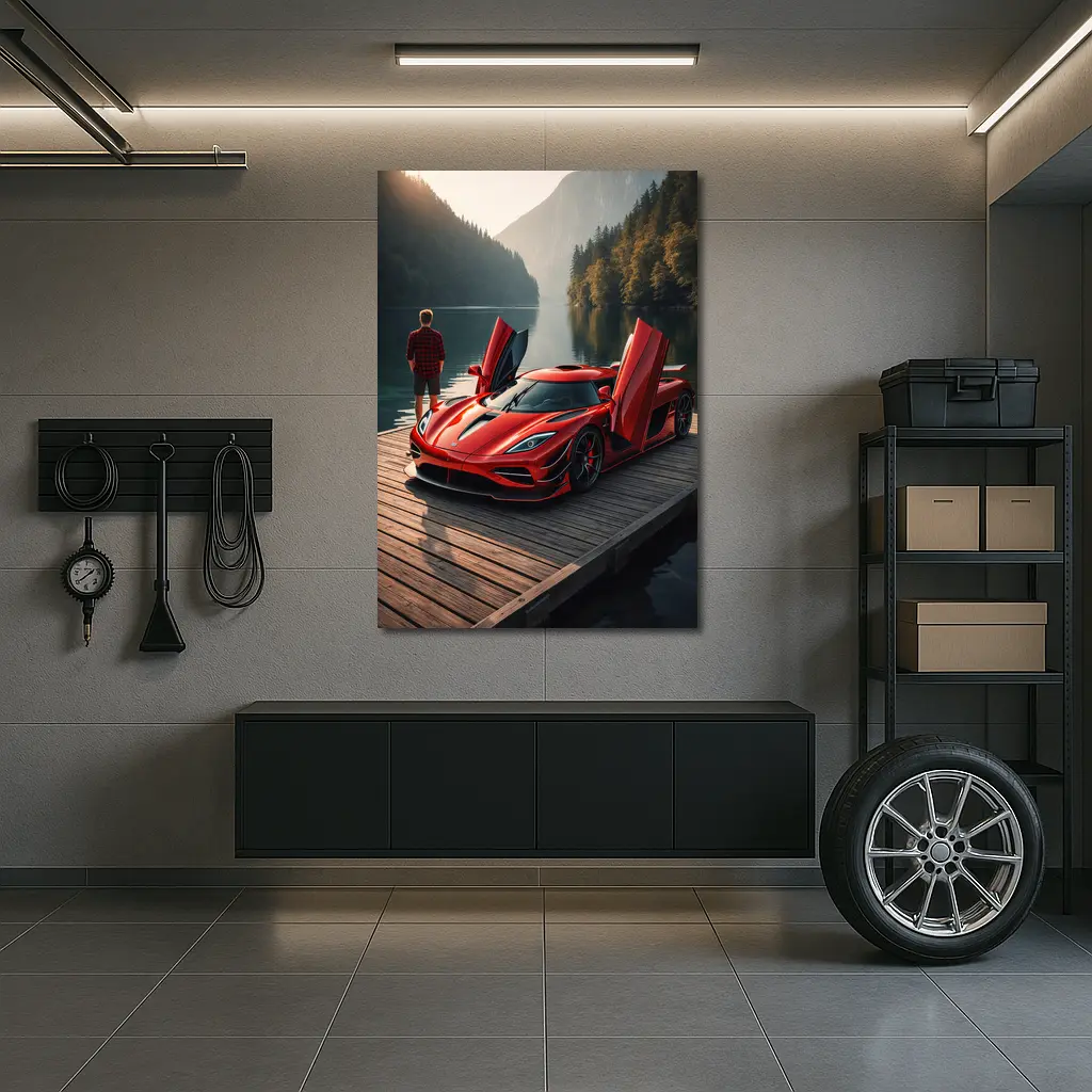 Koenigsegg Jesko Red Supercar Lakeside Dock – Wall Art