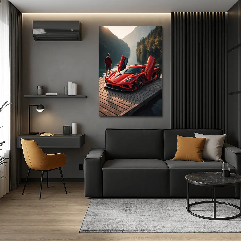 Koenigsegg Jesko Red Supercar Lakeside Dock – Wall Art