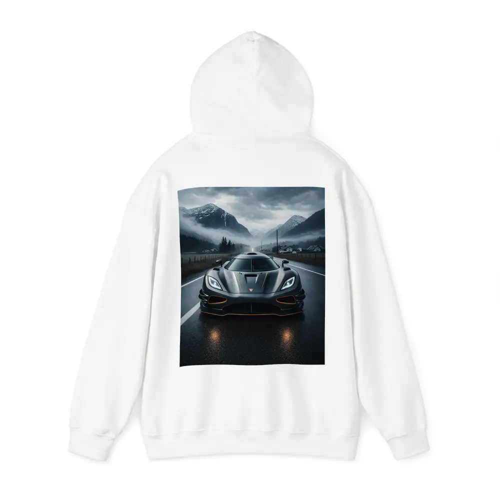 Koenigsegg Jesko Wet Road Mountain Backdrop – Hoodies