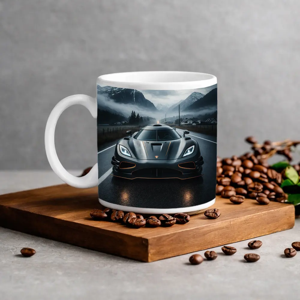 Koenigsegg Jesko Wet Road Mountain Backdrop – Mugs