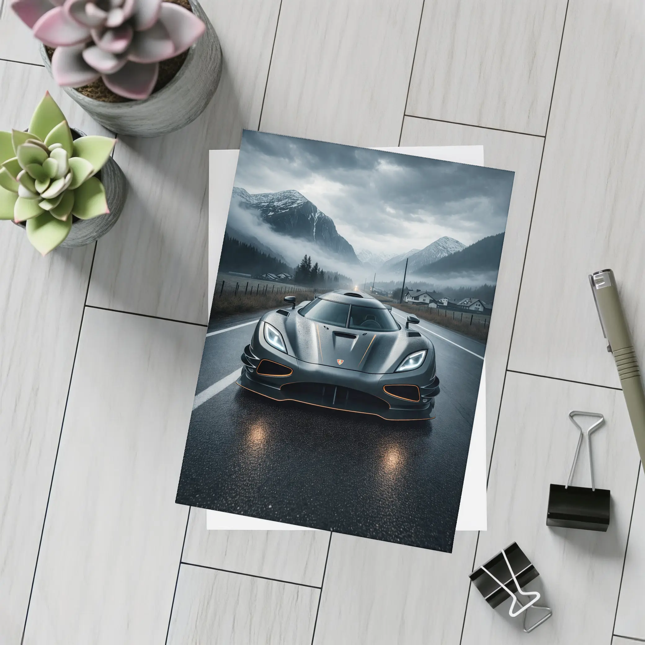 Koenigsegg Jesko Wet Road Mountain Backdrop – Postcards