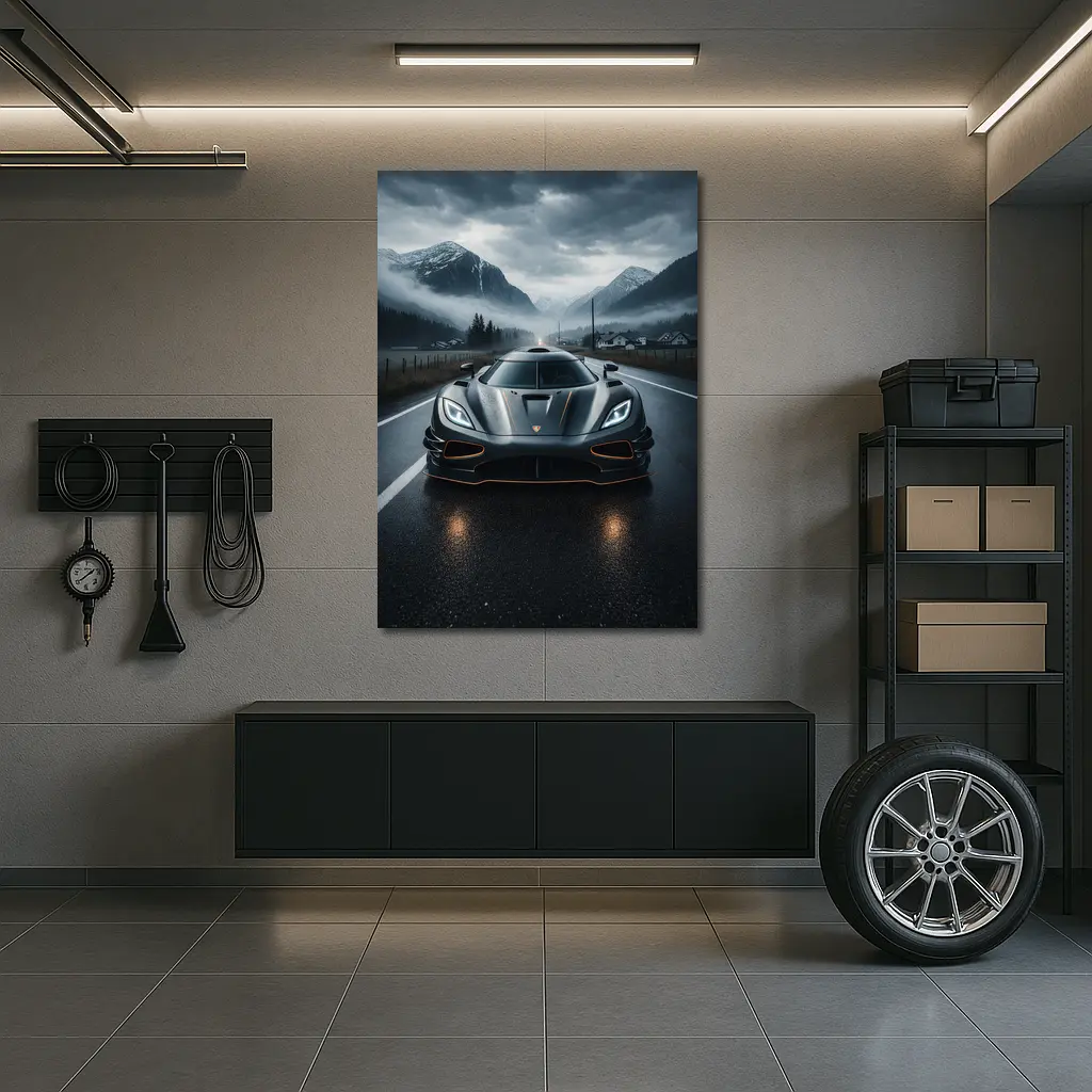 Koenigsegg Jesko Wet Road Mountain Backdrop – Wall Art