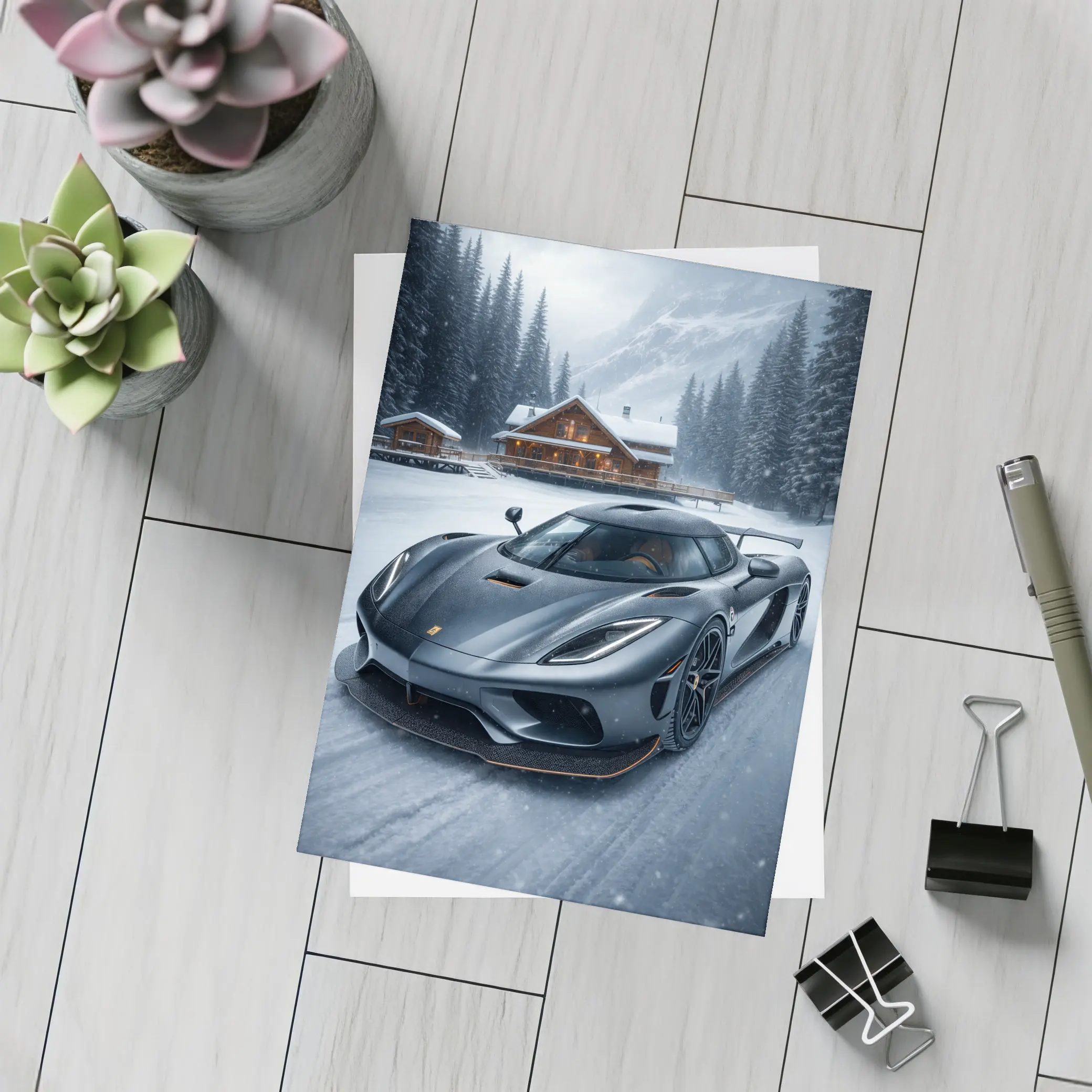 Koenigsegg Regera Matte Gray Winter Snow Scene – Postcards