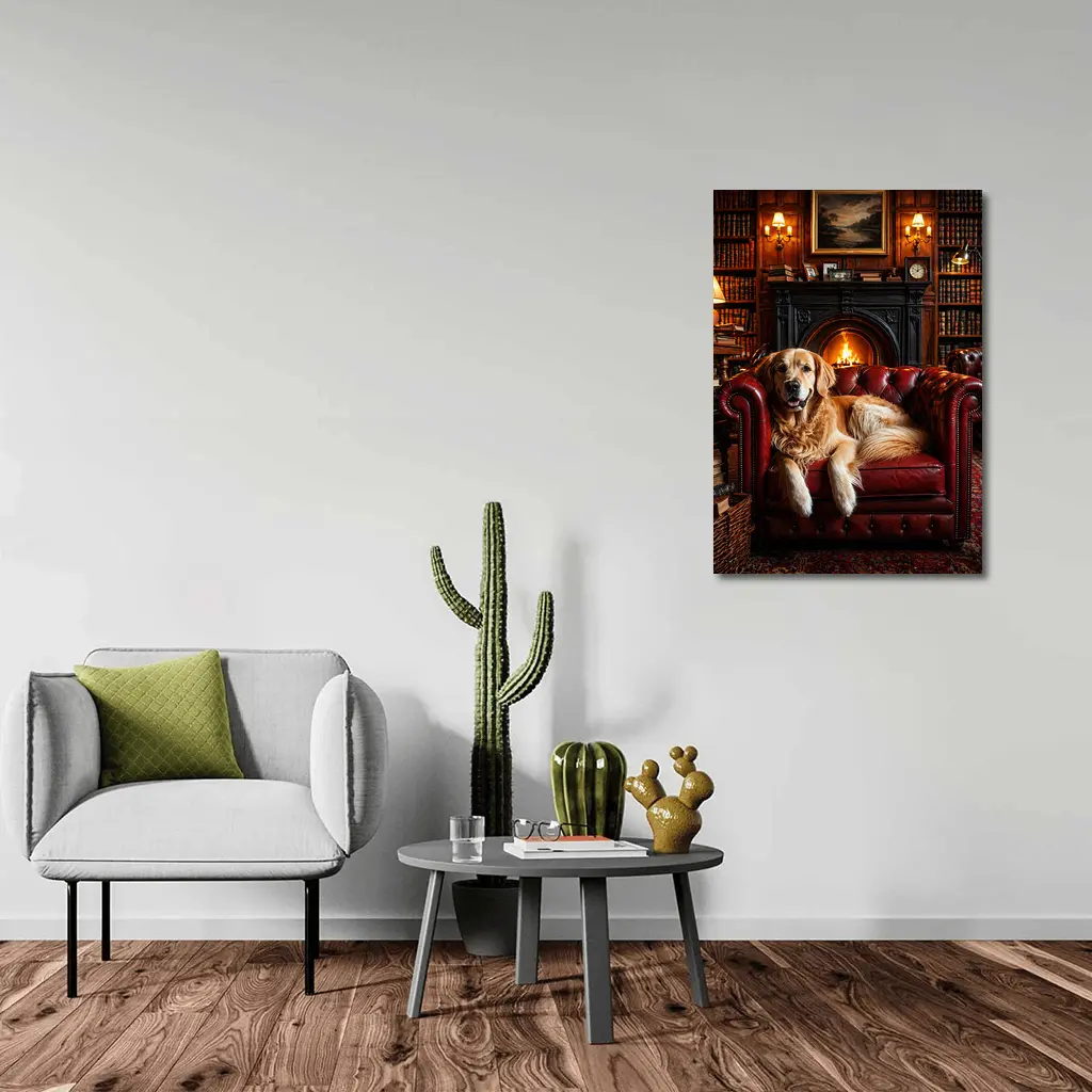 Golden Retriever Relaxing in Cozy Library – Wall Art