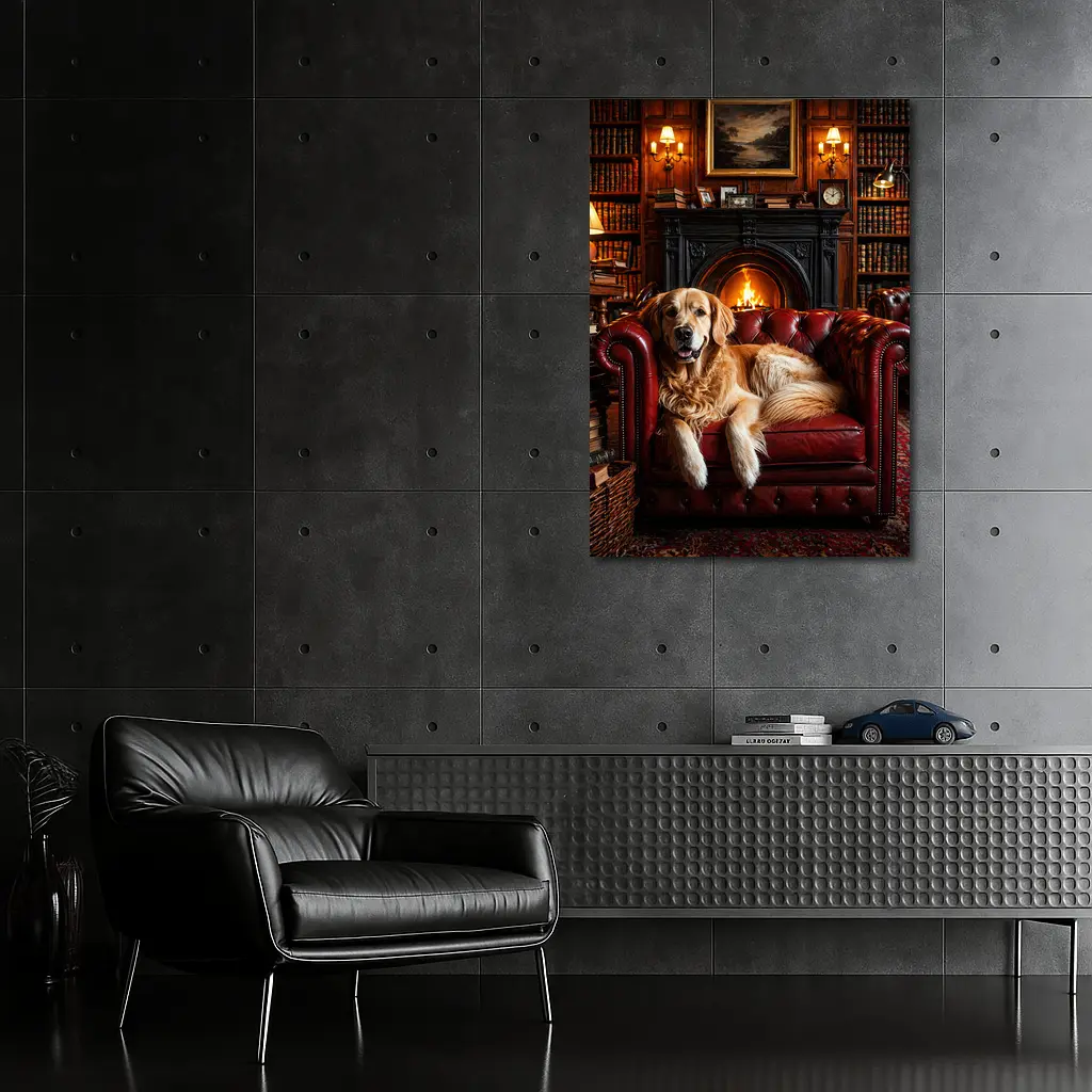 Golden Retriever Relaxing in Cozy Library – Wall Art