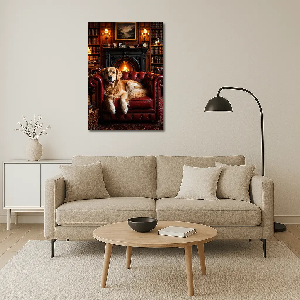 Golden Retriever Relaxing in Cozy Library – Wall Art