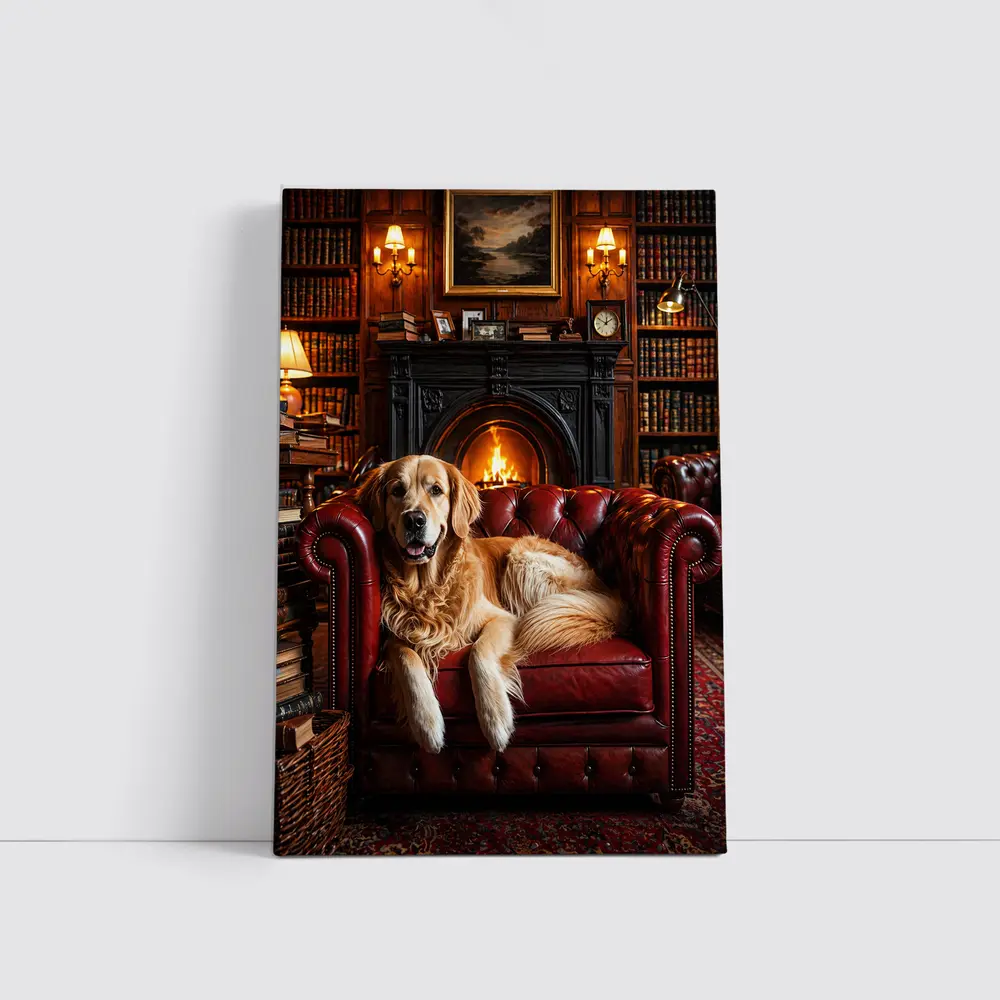 Golden Retriever Relaxing in Cozy Library – Wall Art