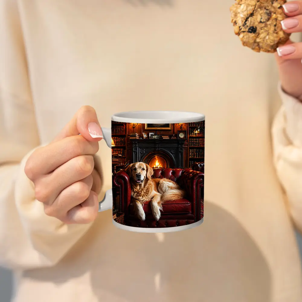 Golden Retriever Relaxing in Cozy Library – Mugs