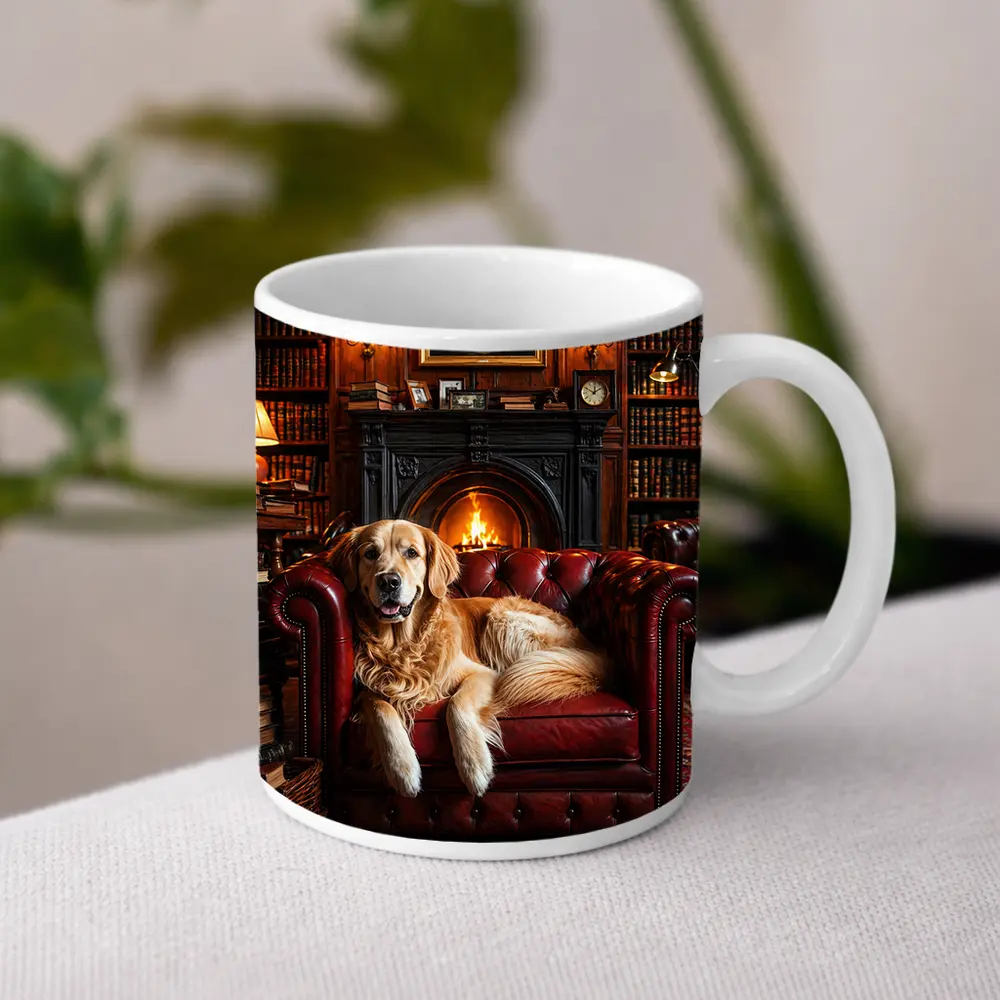 Golden Retriever Relaxing in Cozy Library – Mugs