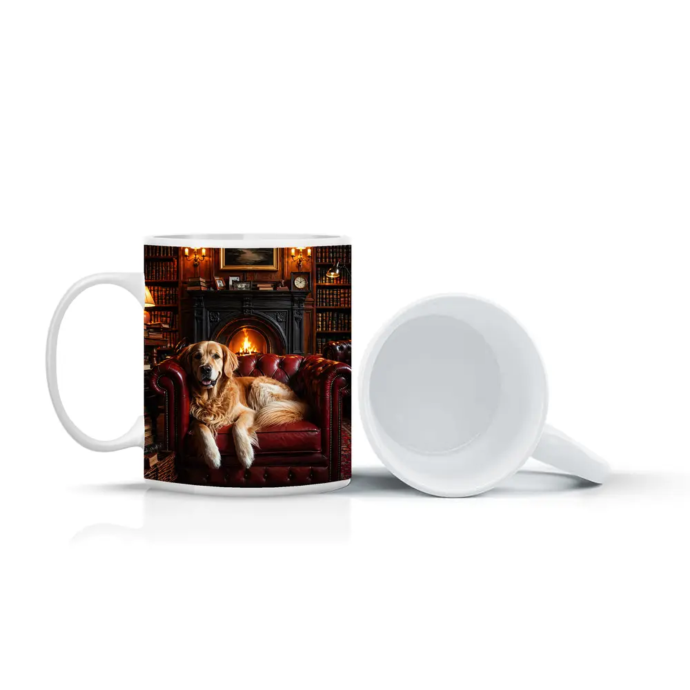 Golden Retriever Relaxing in Cozy Library – Mugs