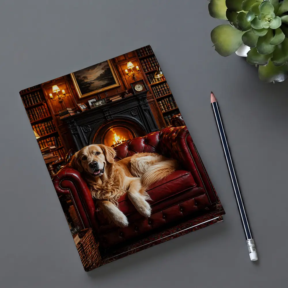 Golden Retriever Relaxing in Cozy Library – Notebooks