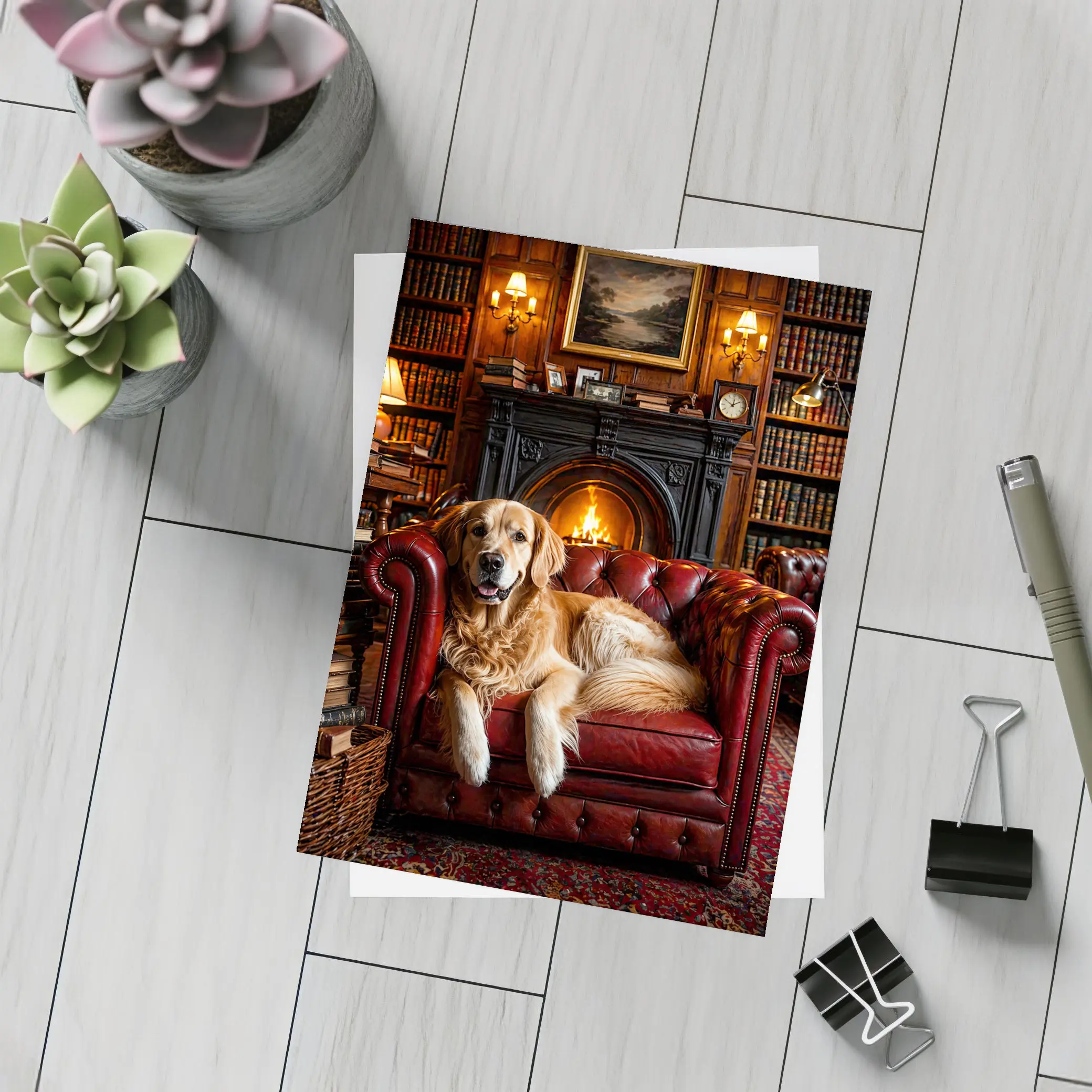 Golden Retriever Relaxing in Cozy Library – Postcards