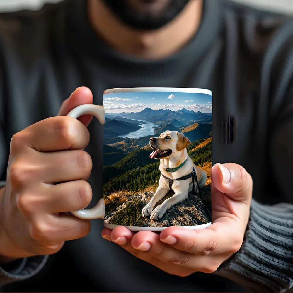 Labrador Retriever Resting on Mountain Summit – Mugs