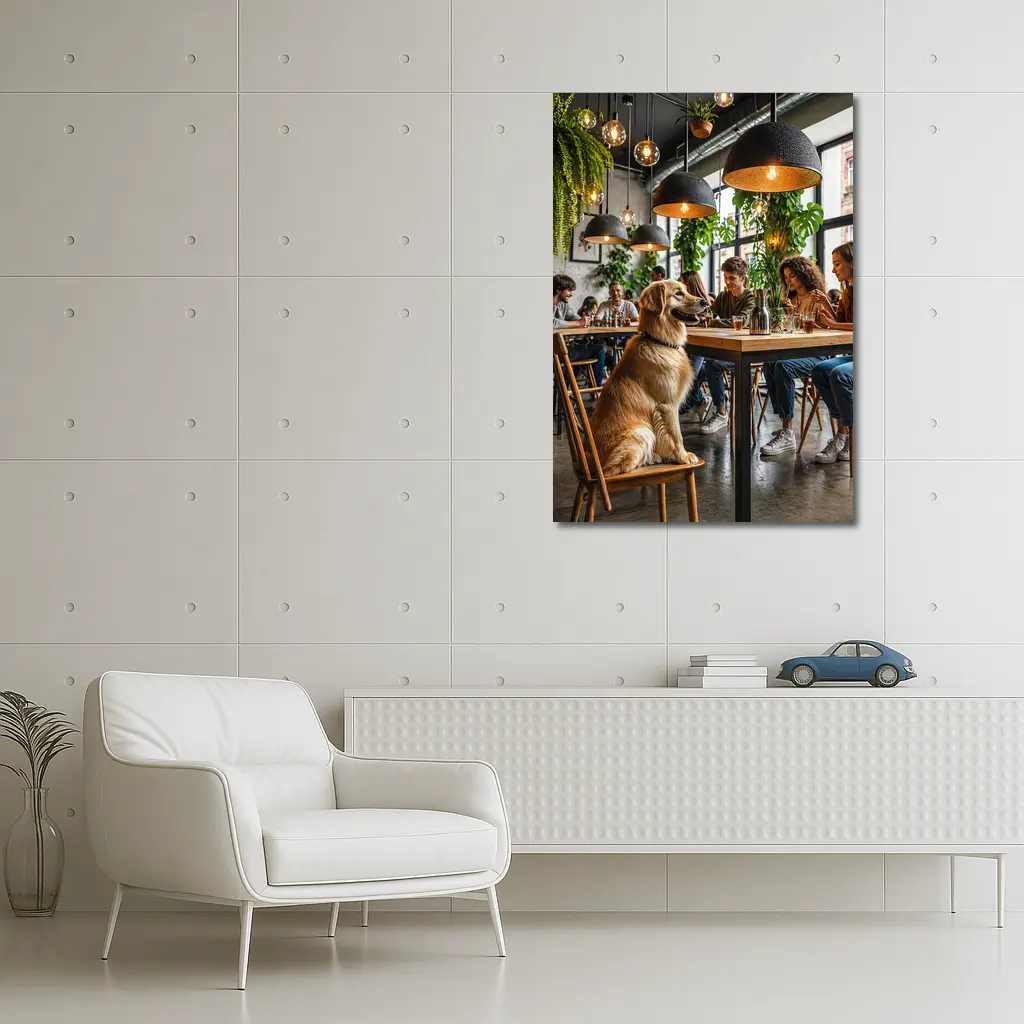 Golden Retriever Sitting in Modern Cafe – Wall Art