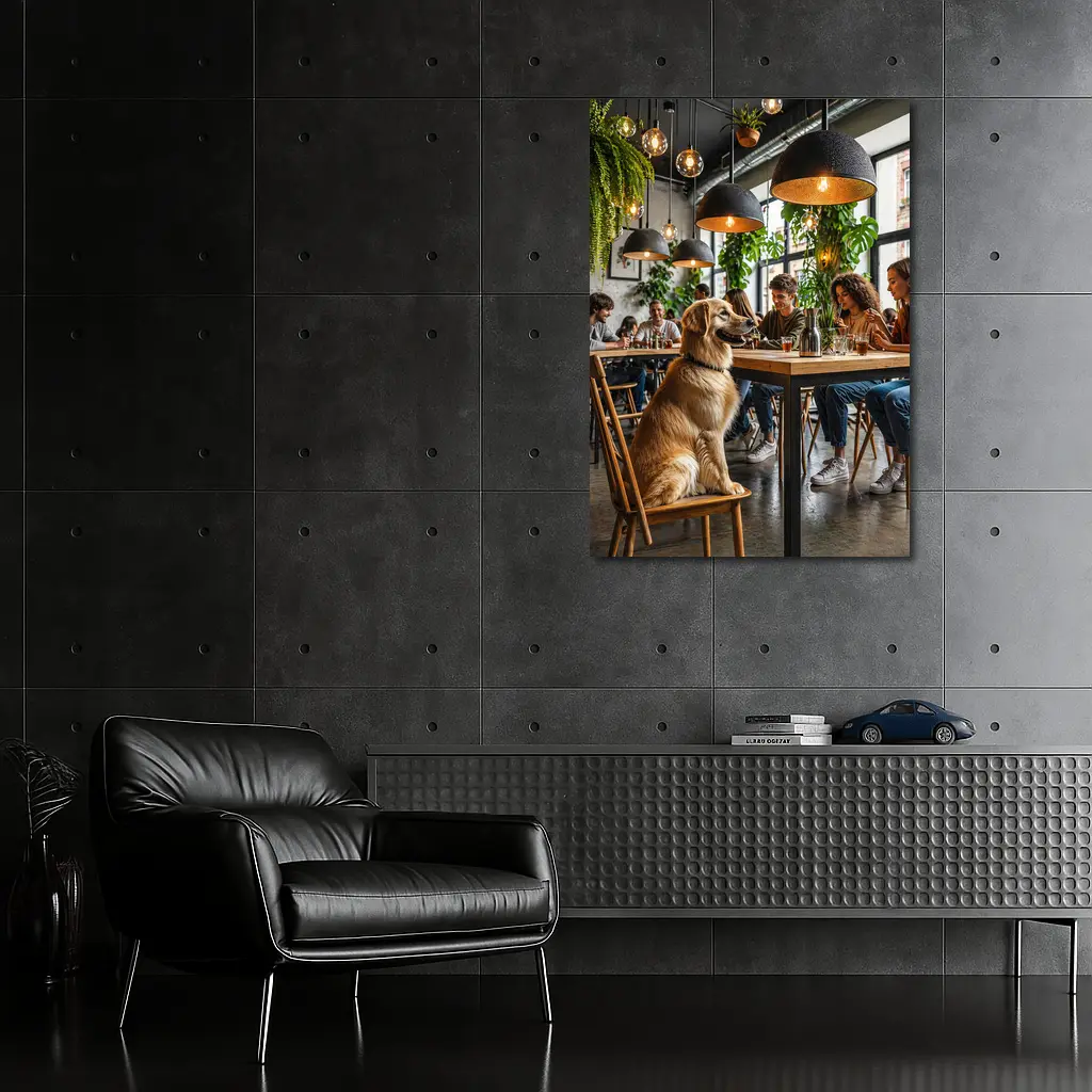 Golden Retriever Sitting in Modern Cafe – Wall Art