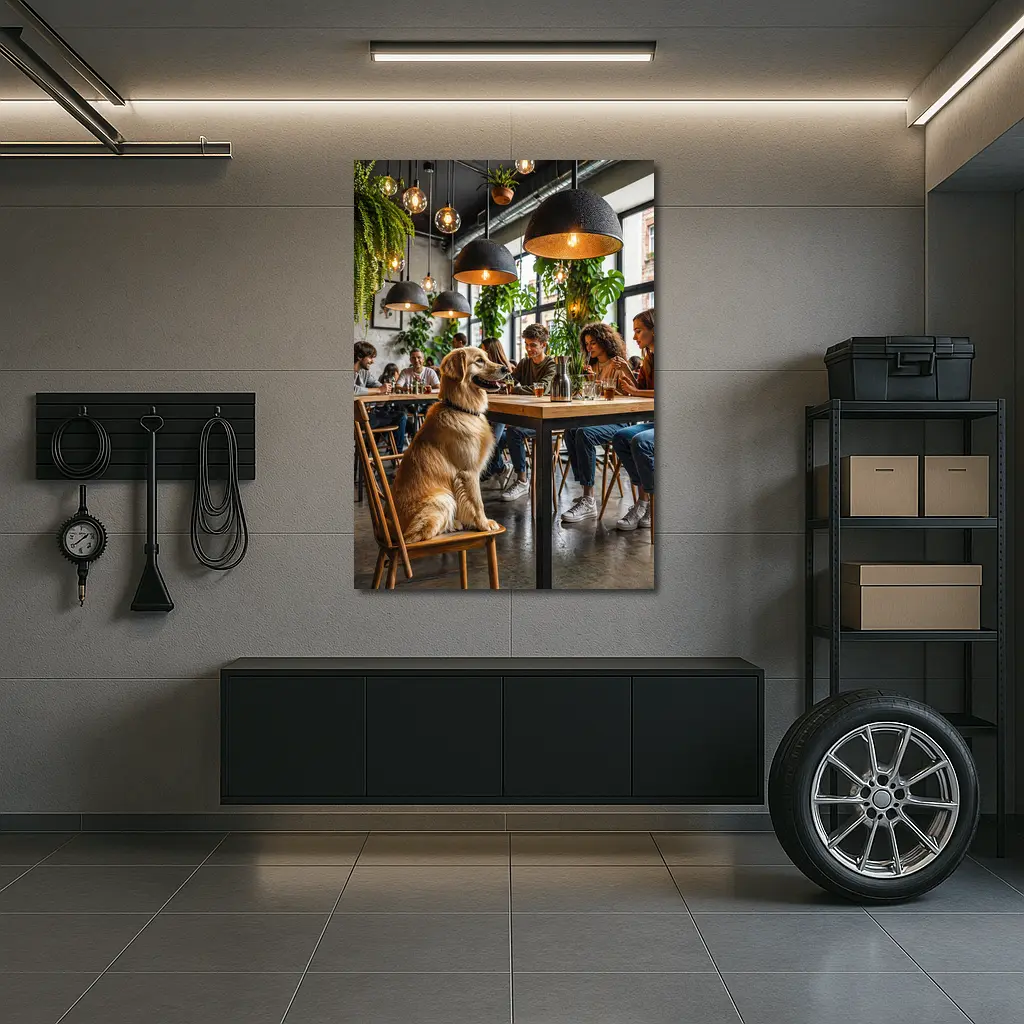Golden Retriever Sitting in Modern Cafe – Wall Art