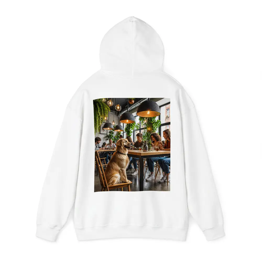 Golden Retriever Sitting in Modern Cafe – Hoodies