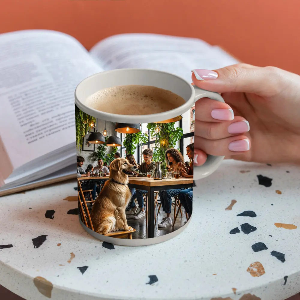 Golden Retriever Sitting in Modern Cafe – Mugs