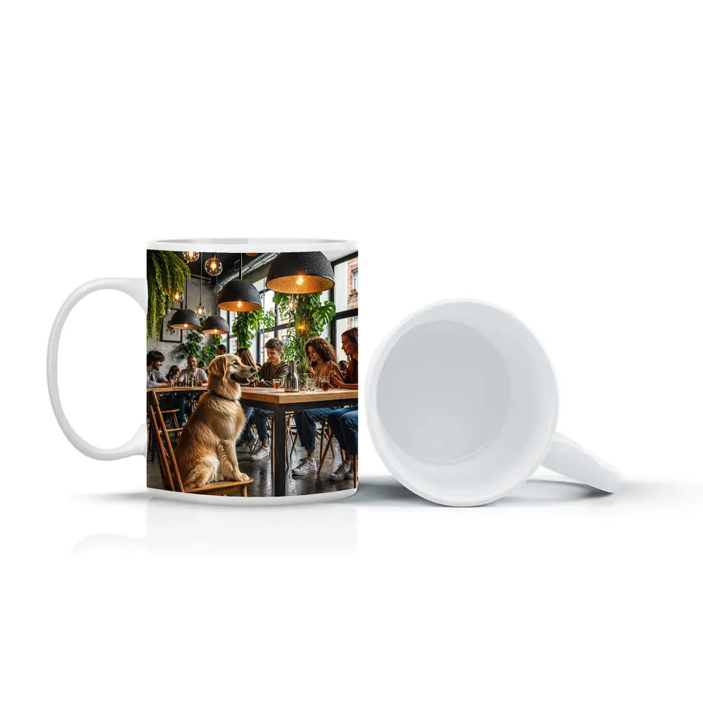 Golden Retriever Sitting in Modern Cafe – Mugs