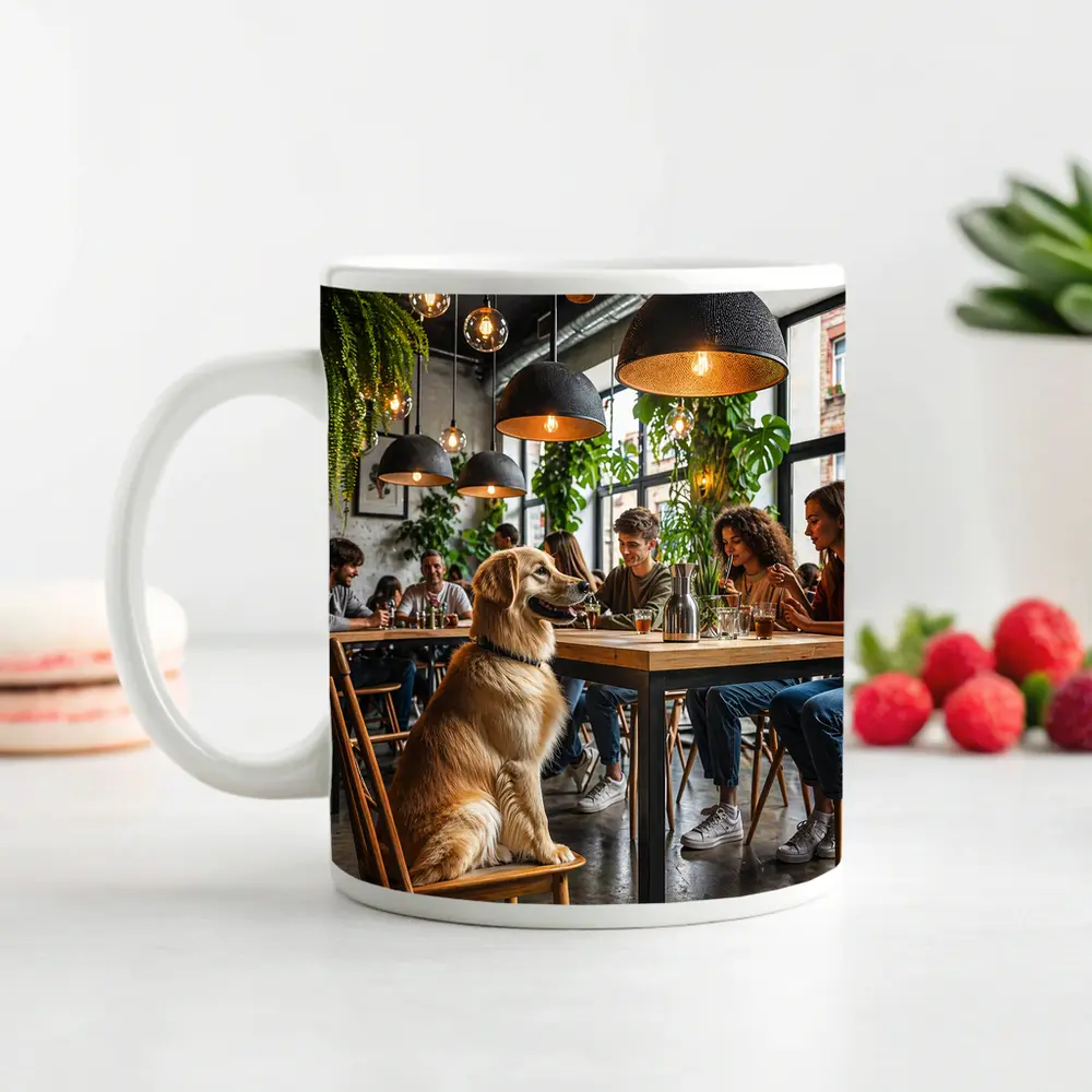 Golden Retriever Sitting in Modern Cafe – Mugs