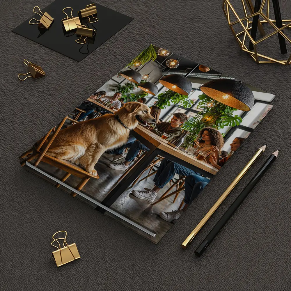 Golden Retriever Sitting in Modern Cafe – Notebooks