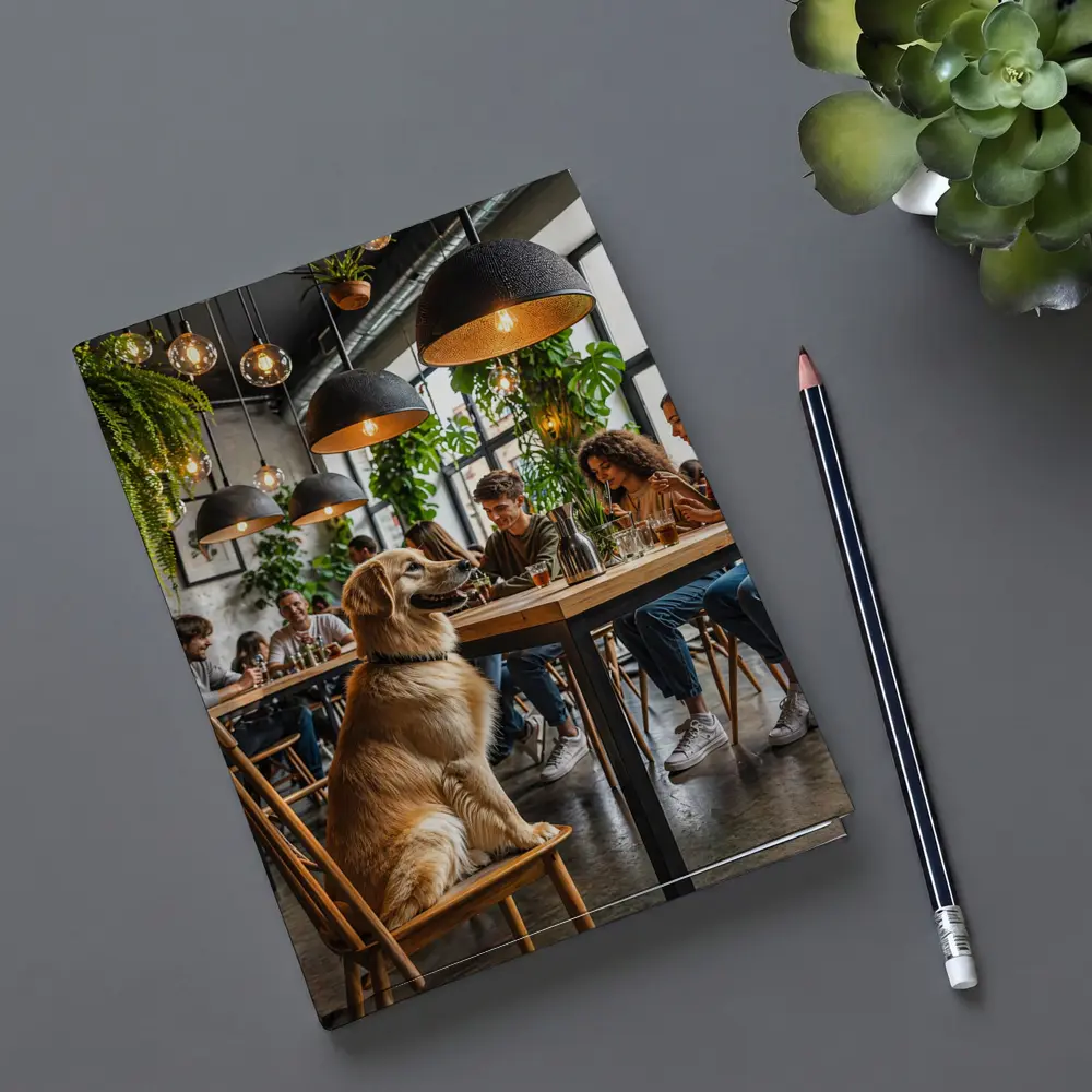 Golden Retriever Sitting in Modern Cafe – Notebooks