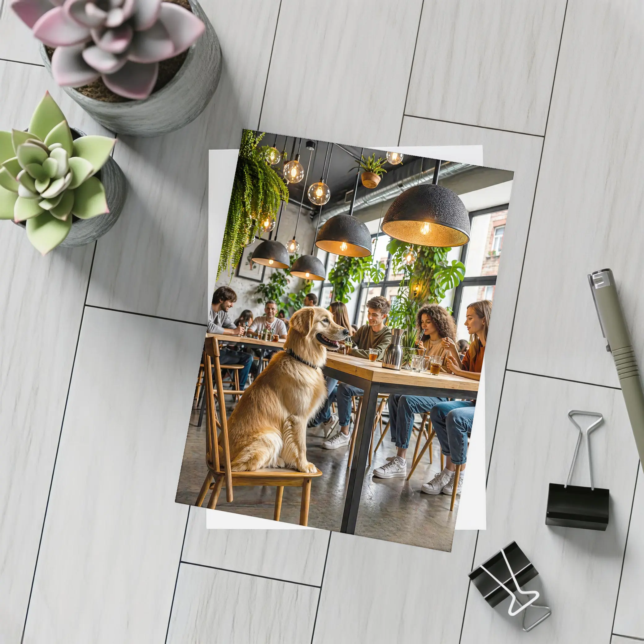 Golden Retriever Sitting in Modern Cafe – Postcards