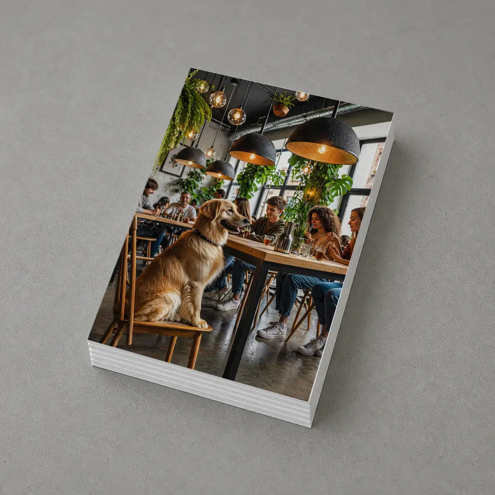 Golden Retriever Sitting in Modern Cafe – Postcards
