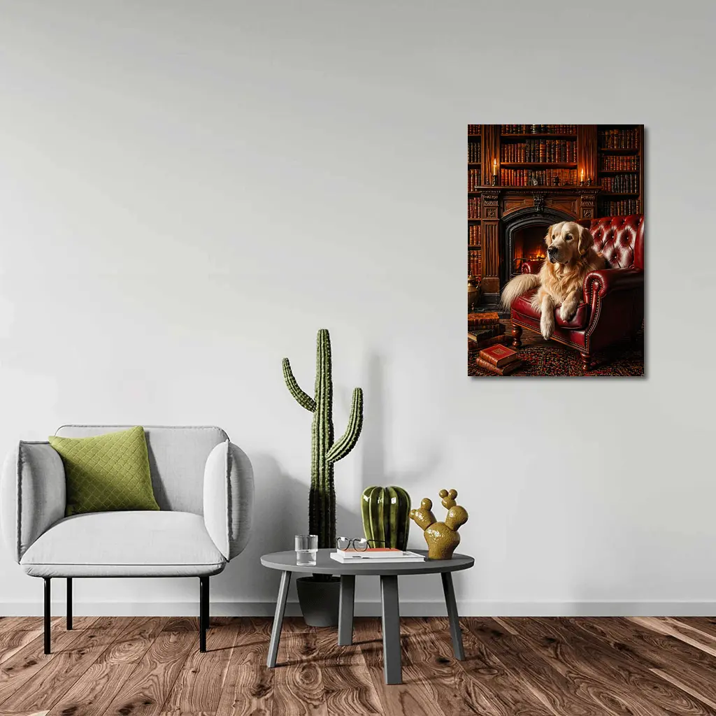 Golden Retriever Relaxing in Library Armchair – Wall Art
