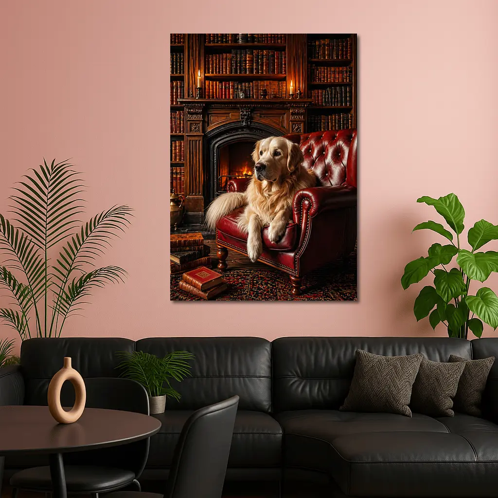 Golden Retriever Relaxing in Library Armchair – Wall Art