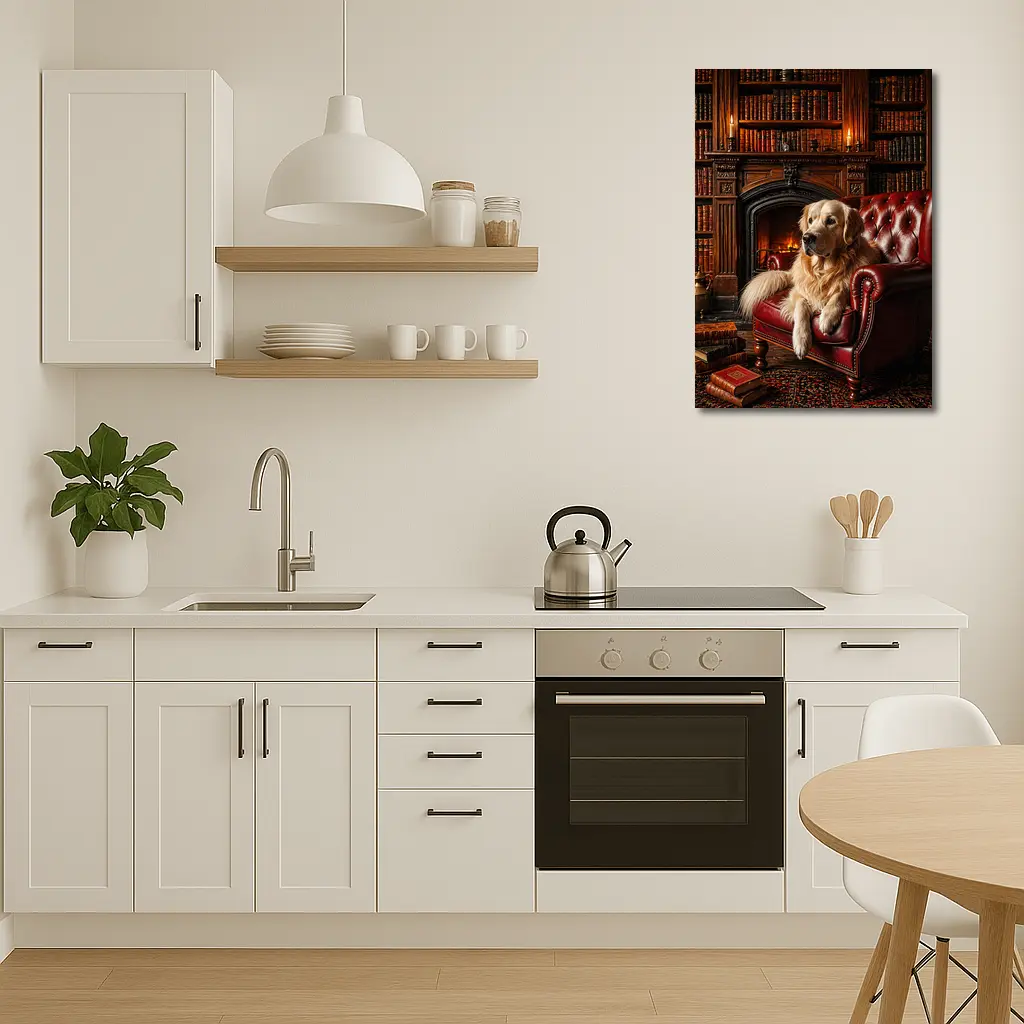 Golden Retriever Relaxing in Library Armchair – Wall Art