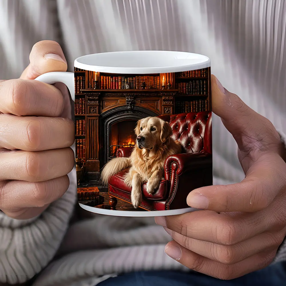 Golden Retriever Relaxing in Library Armchair – Mugs