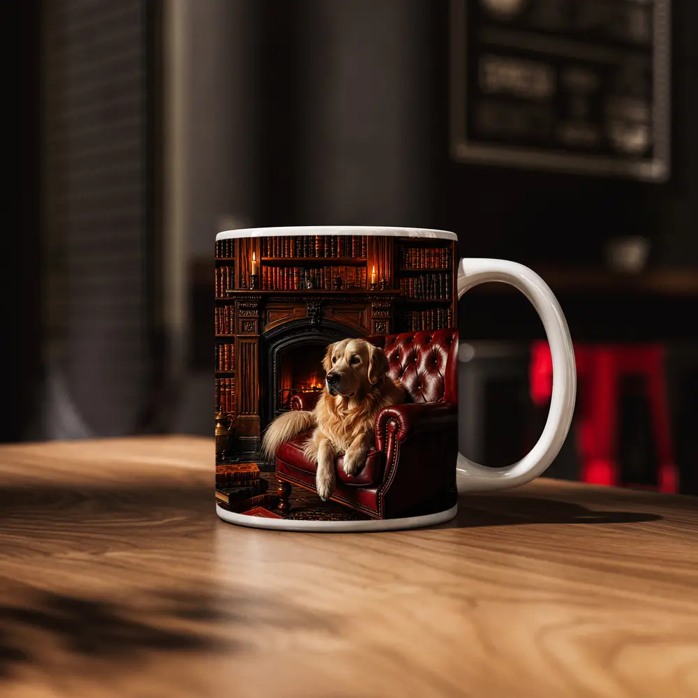 Golden Retriever Relaxing in Library Armchair – Mugs