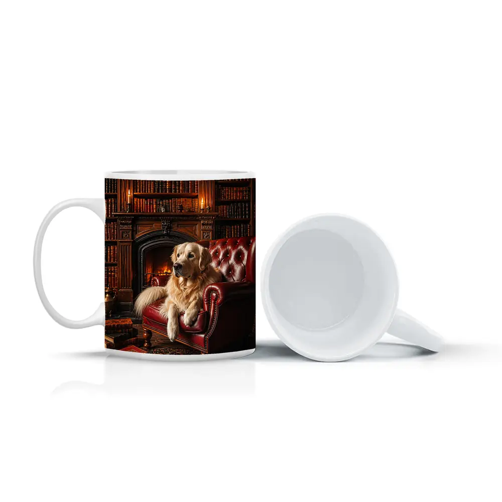 Golden Retriever Relaxing in Library Armchair – Mugs