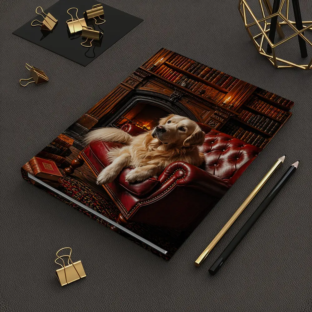 Golden Retriever Relaxing in Library Armchair – Notebooks