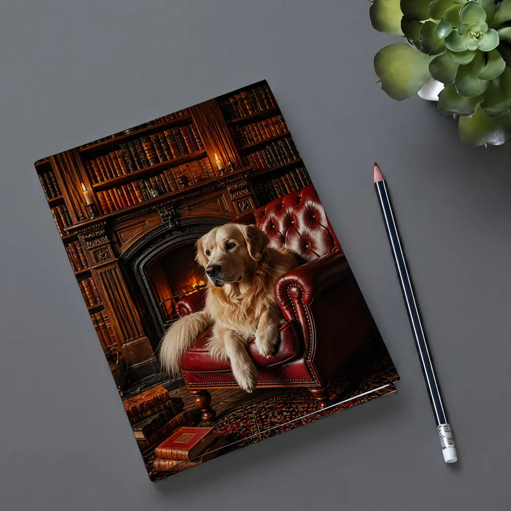 Golden Retriever Relaxing in Library Armchair – Notebooks