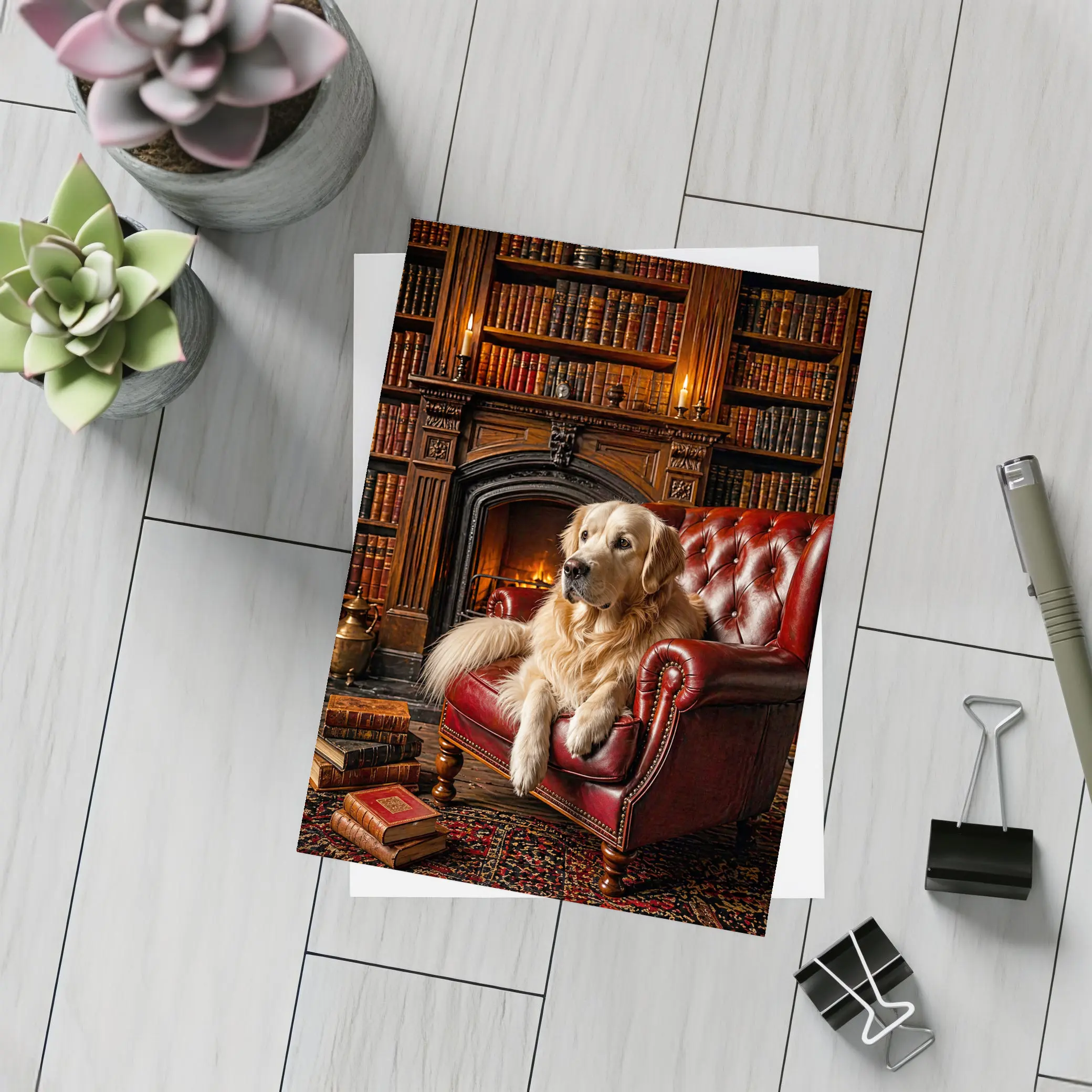 Golden Retriever Relaxing in Library Armchair – Postcards