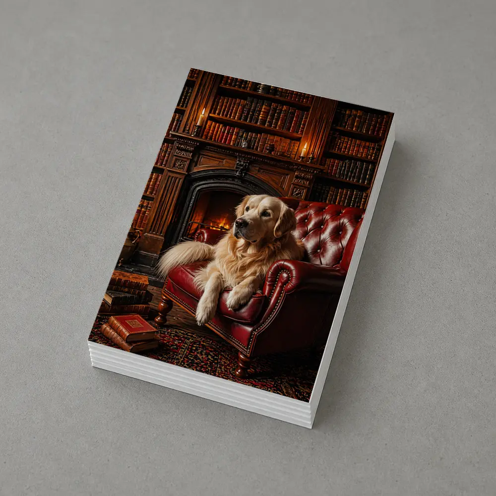 Golden Retriever Relaxing in Library Armchair – Postcards