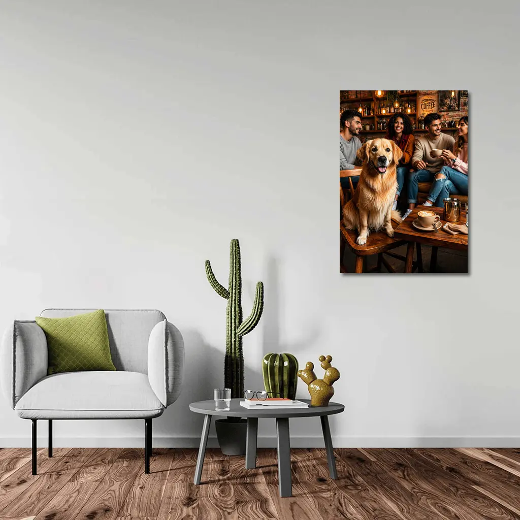 Golden Retriever Sitting In Cozy Coffee Shop – Wall Art