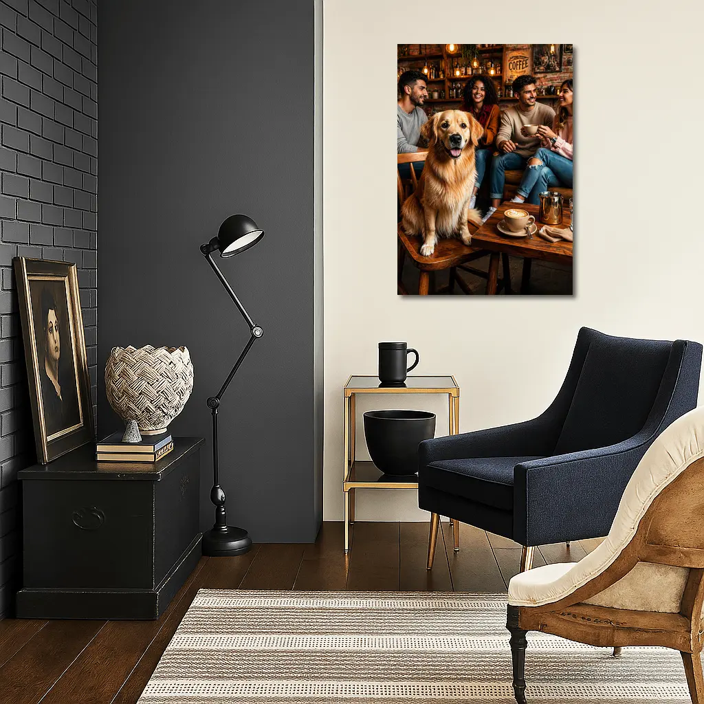 Golden Retriever Sitting In Cozy Coffee Shop – Wall Art