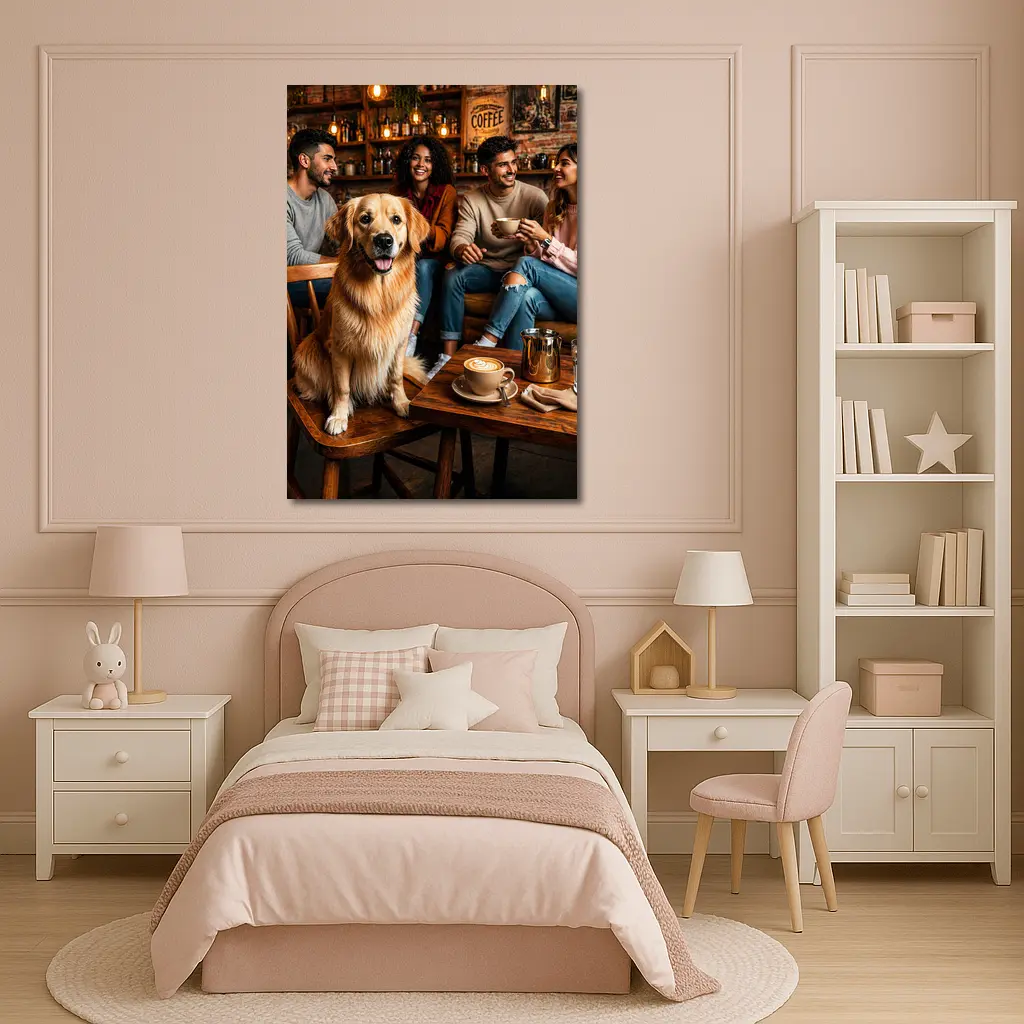 Golden Retriever Sitting In Cozy Coffee Shop – Wall Art