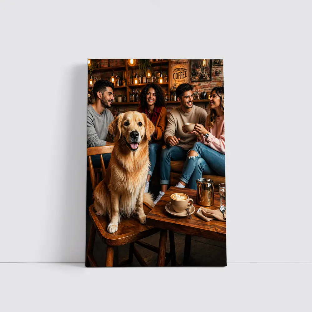 Golden Retriever Sitting In Cozy Coffee Shop – Wall Art